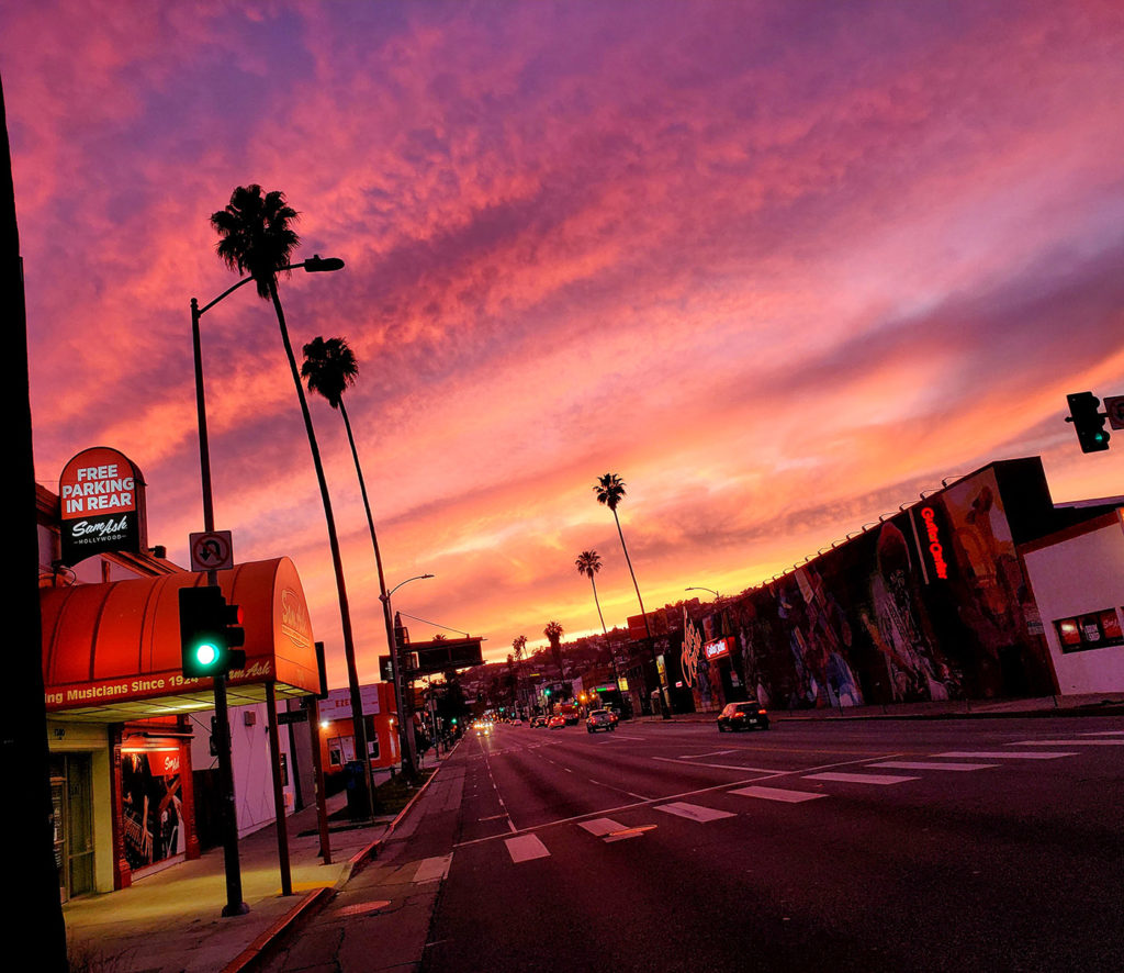 empty Sunset Blvd in Hollywood during a colorful sunset during the shut down