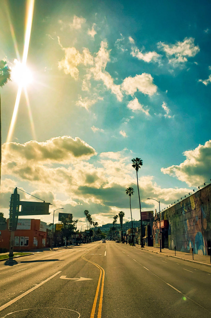 empty Sunset Blvd on sunny day during shut down in Los Angeles